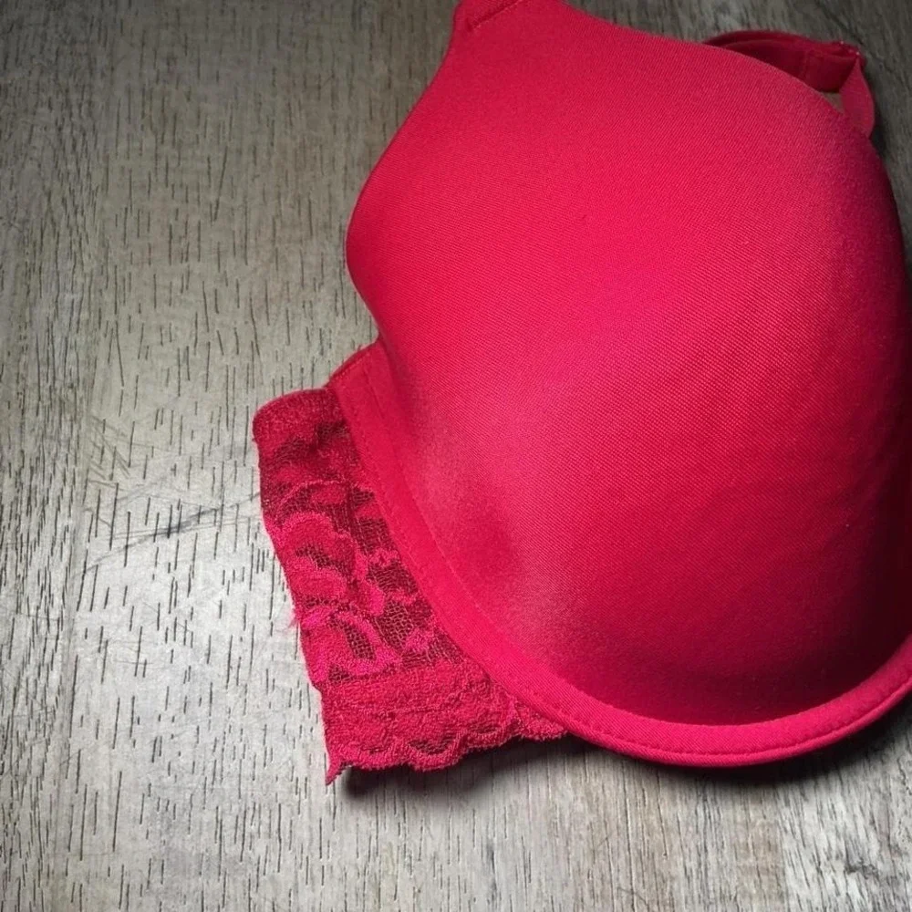 Red Lace Push Up Underwire Bra Size 36C Padded Adjustable Straps Lingerie